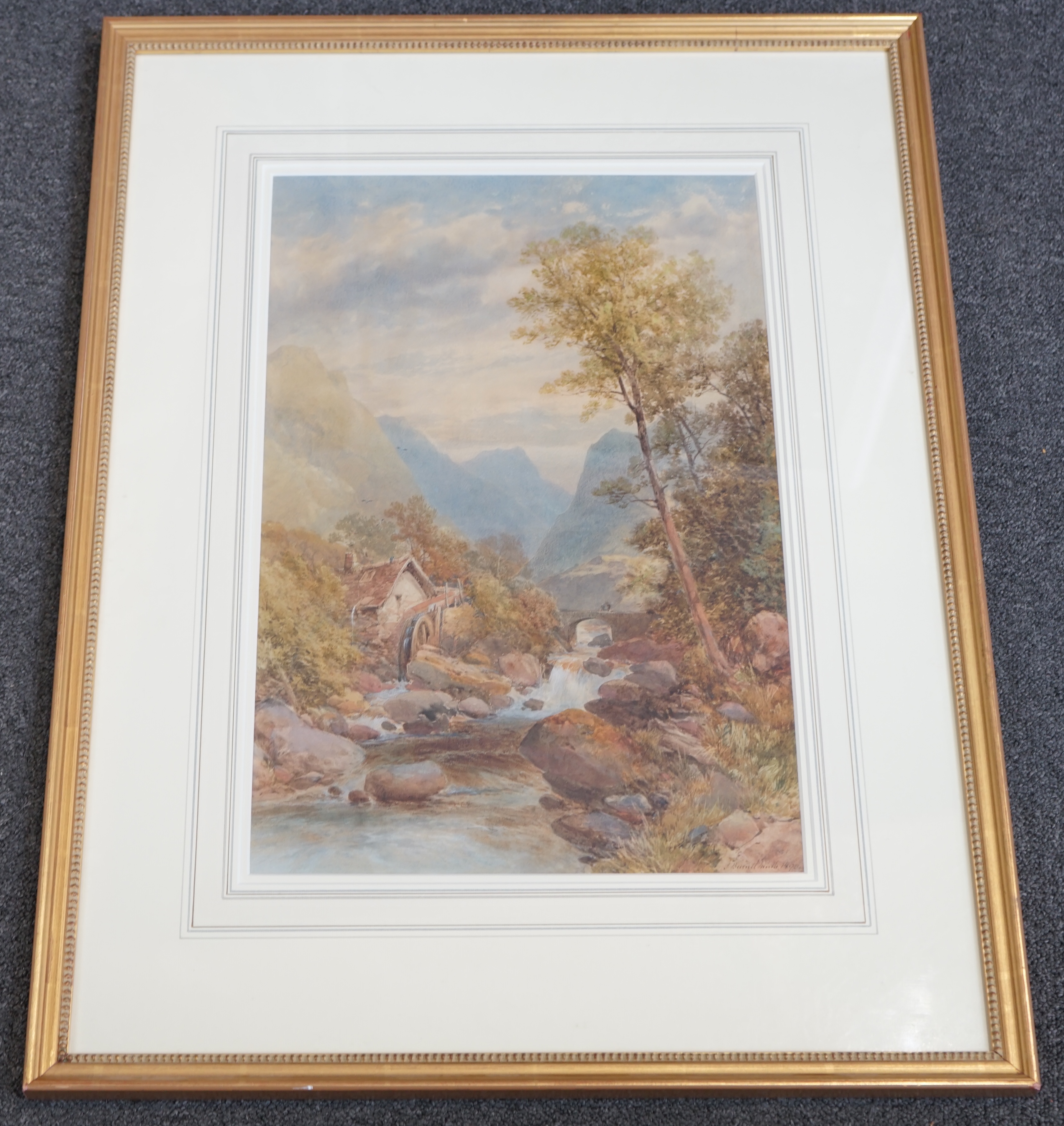 James Burrell Smith (British, 1822-1897), watercolour, Mountain stream with watermill and stone bridge, signed and dated 1890, 48 x 32cm. Condition - fair to good